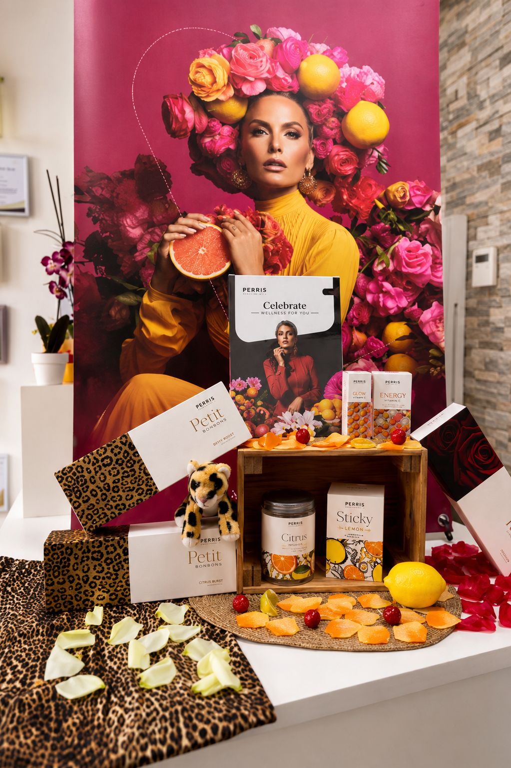 Display promocional de la línea de nutricosméticos INDIBA Ceuticals en el centro Gema Belleza