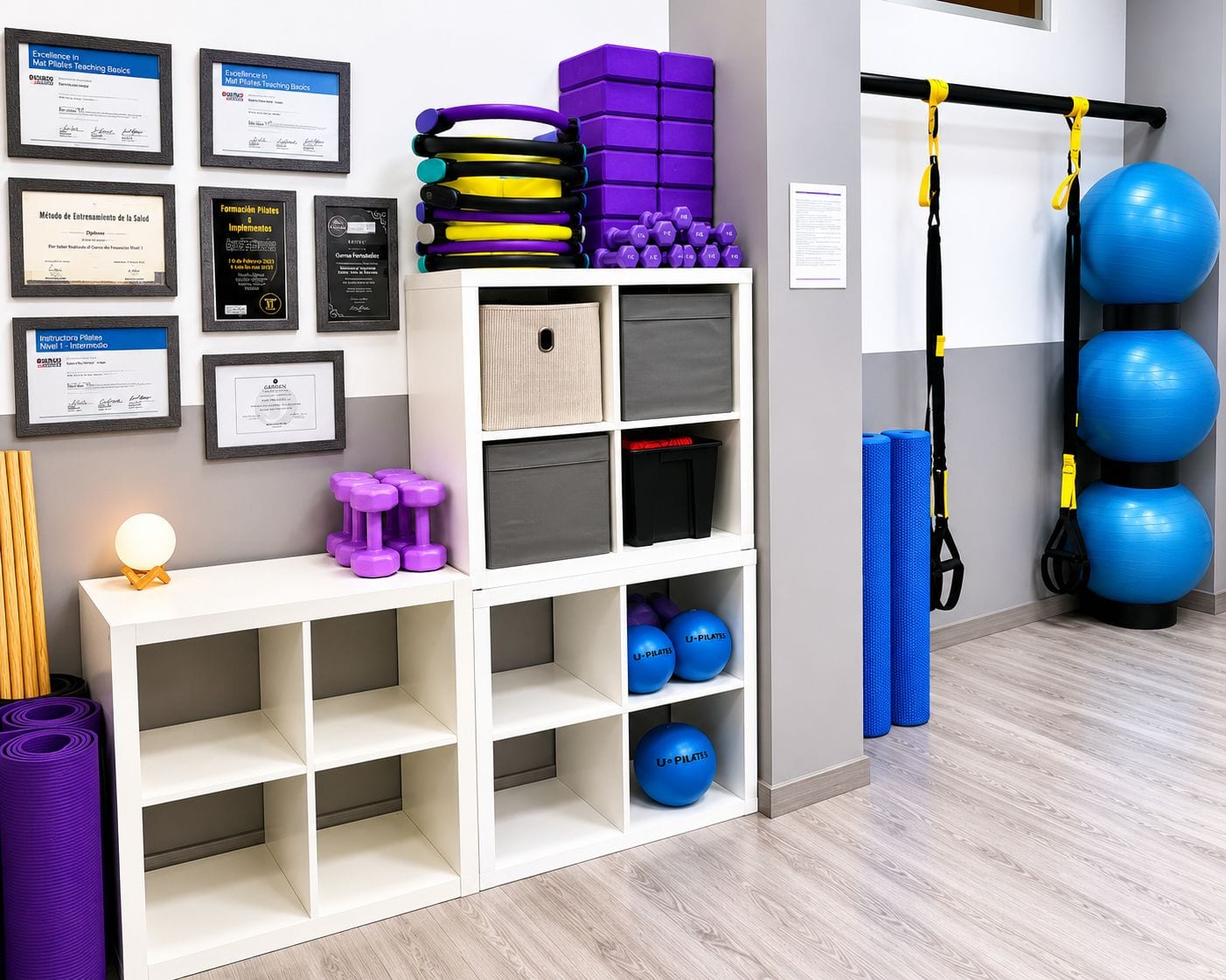 Muro de titulaciones y formación continua de Gema en Pilates